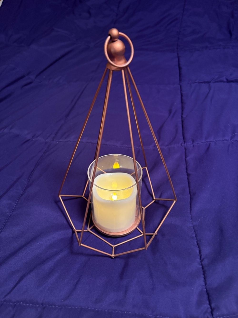 Copper Geometric Metal Lantern with LED Candle - Home Accents